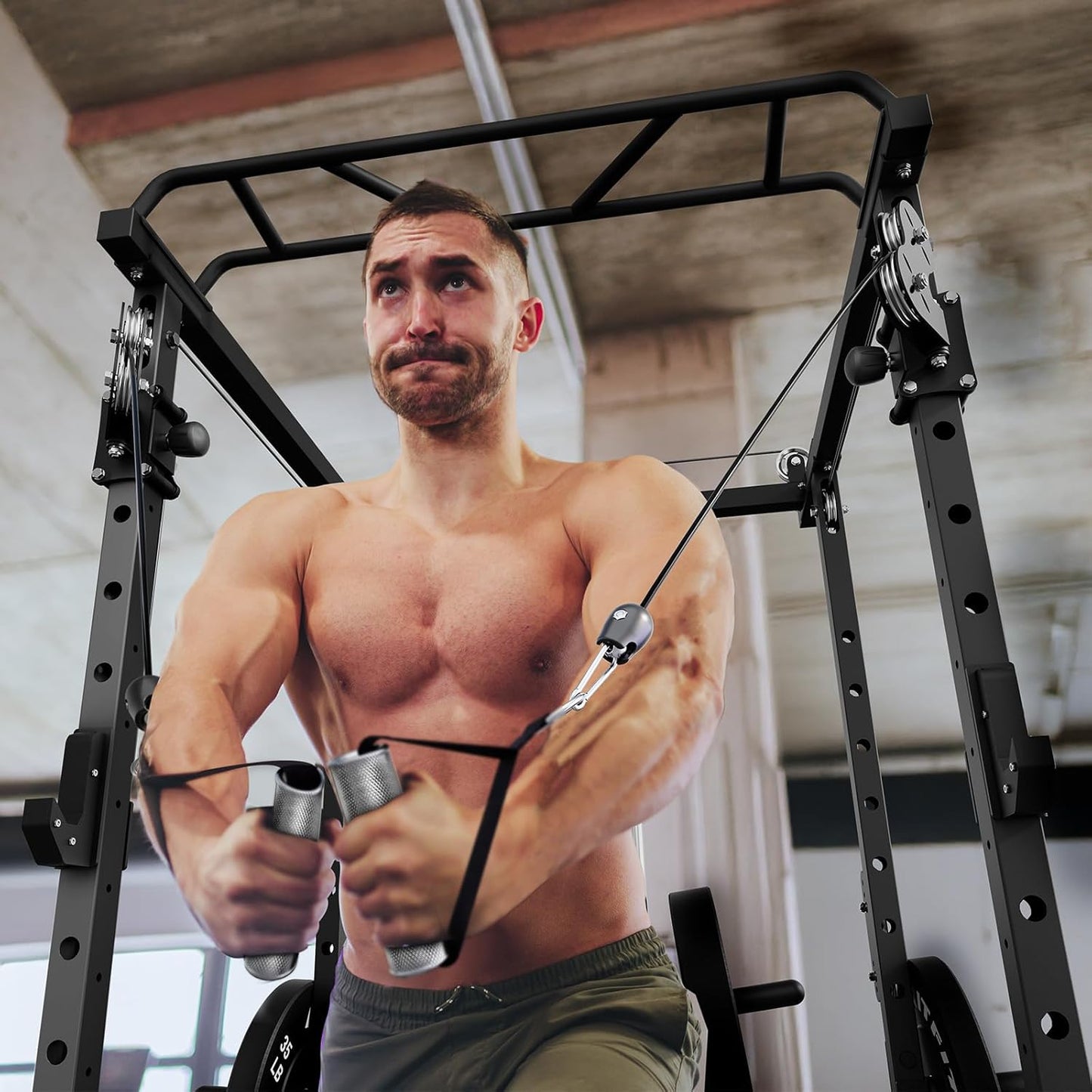 Multi-Function Garage & Home Gym Package Includes 1200LBS Power Cage PPC03/P3 with Cable Crossover System, Weight Bench, Olympic Barbell Weight Set, Full Body Workout