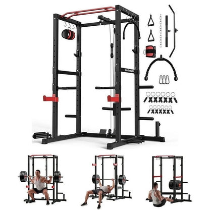 Power Cage,1200Lbs Multi-Function Power Rack with Lat Pulldown and Pulley System and More Training Attachment, Weight Cage for Home Gym