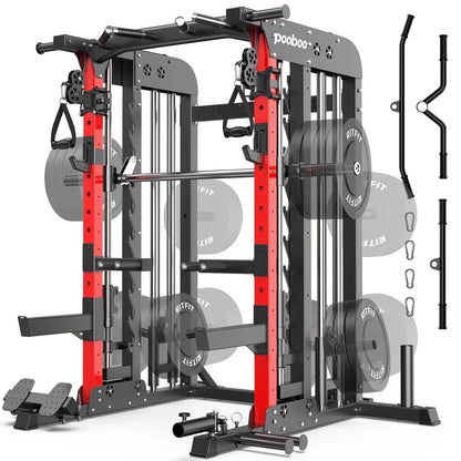 2000LB Smith Machine & Dual Pulley Home Gym - Squat Rack, Lat Pulldown, Cable Crossover - Includes Workout Attachments