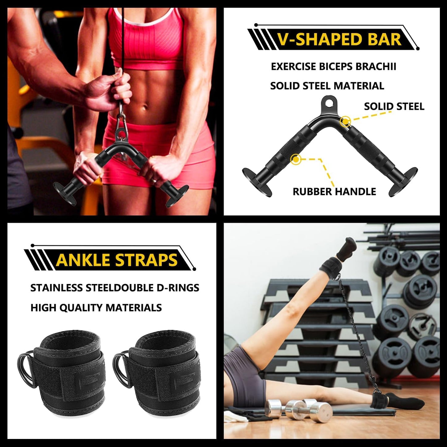 Solid Steel Cable Attachments for Gym Set with Wide Grip LAT Pull down Bar, LAT