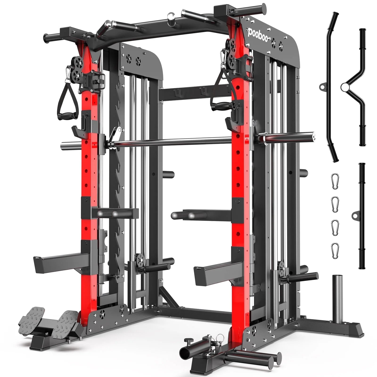 2000LB Smith Machine & Dual Pulley Home Gym - Squat Rack, Lat Pulldown, Cable Crossover - Includes Workout Attachments