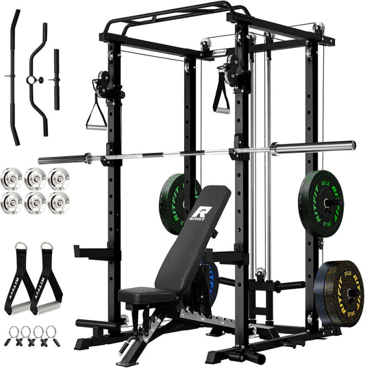 Multi-Function Garage & Home Gym Package Includes 1200LBS Power Cage PPC03/P3 with Cable Crossover System, Weight Bench, Olympic Barbell Weight Set, Full Body Workout