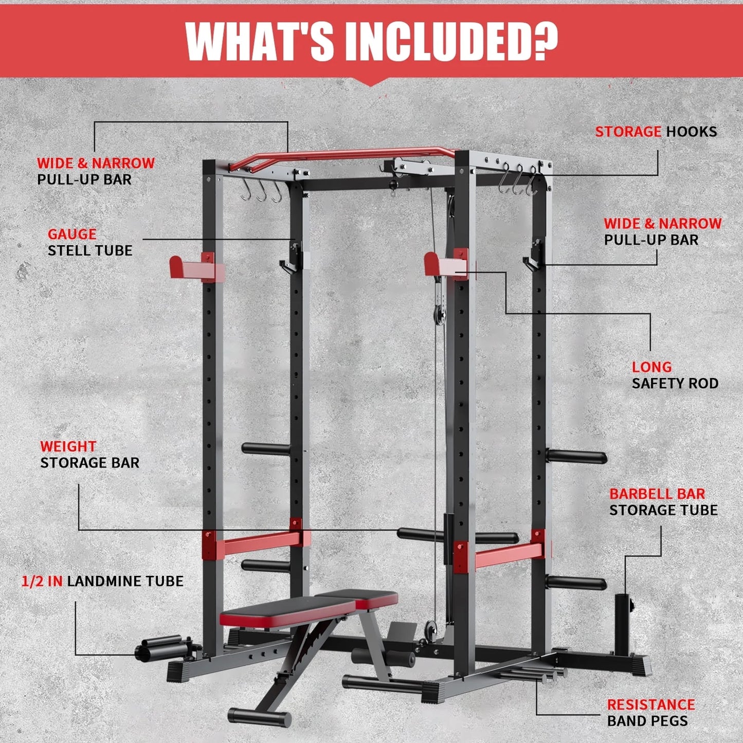 Power Cage,1200Lbs Multi-Function Power Rack with Lat Pulldown and Pulley System and More Training Attachment, Weight Cage for Home Gym