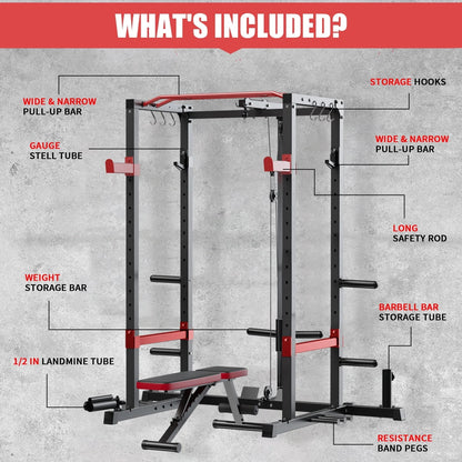 Power Cage,1200Lbs Multi-Function Power Rack with Lat Pulldown and Pulley System and More Training Attachment, Weight Cage for Home Gym