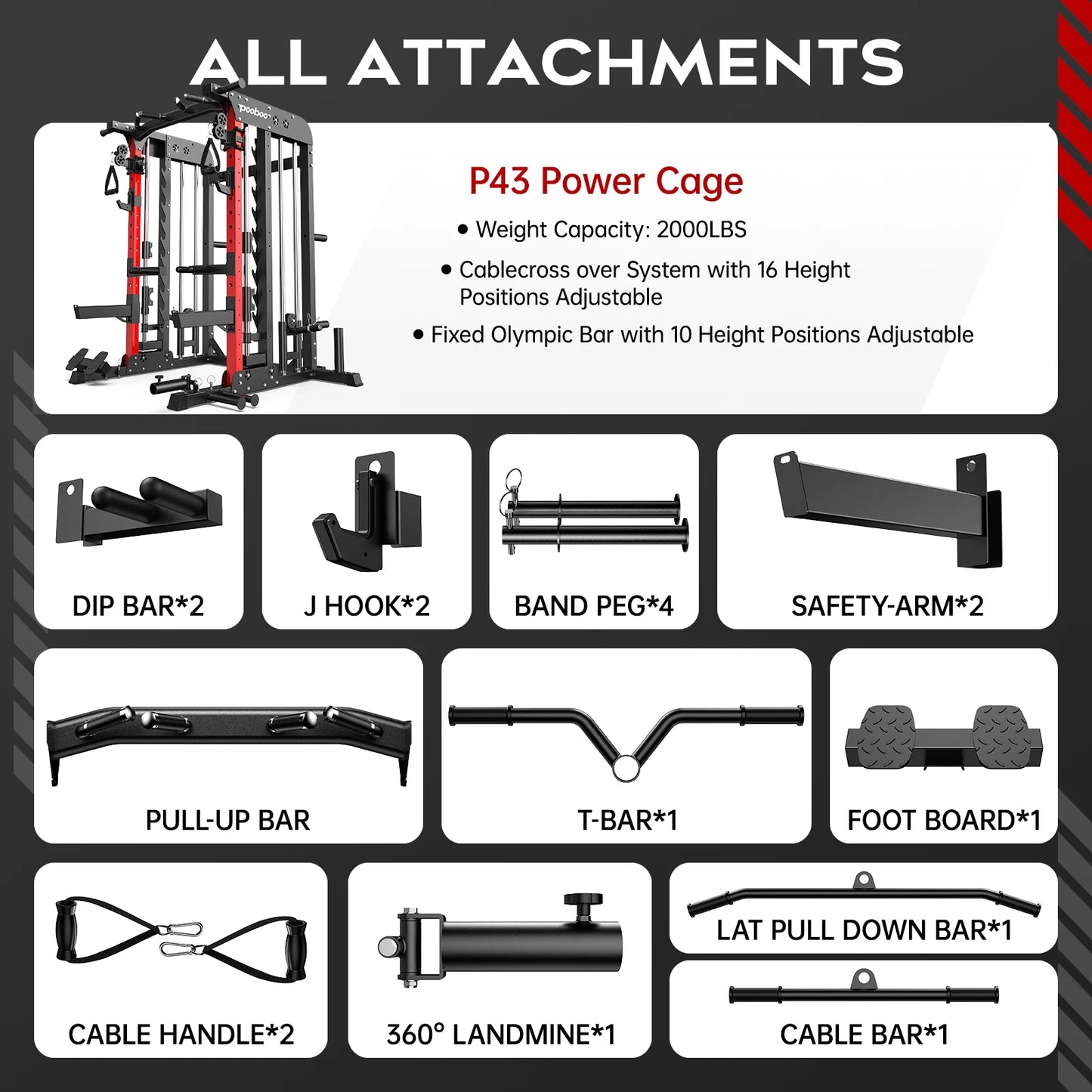 2000LB Smith Machine & Dual Pulley Home Gym - Squat Rack, Lat Pulldown, Cable Crossover - Includes Workout Attachments