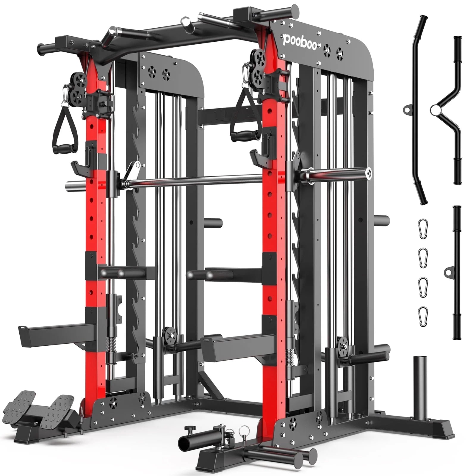 2000LB Smith Machine & Dual Pulley Home Gym - Squat Rack, Lat Pulldown, Cable Crossover - Includes Workout Attachments