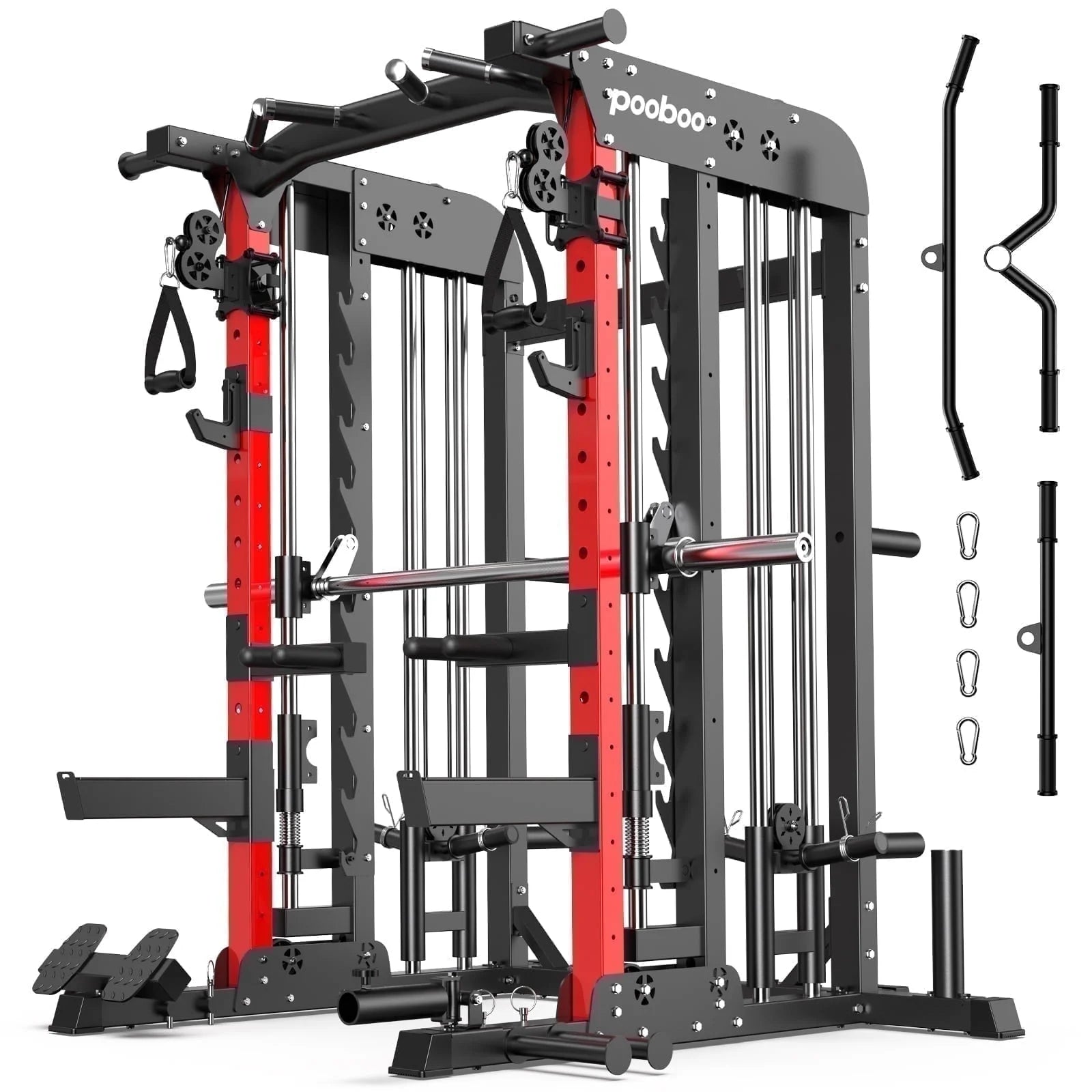 2000LB Smith Machine & Dual Pulley Home Gym - Squat Rack, Lat Pulldown, Cable Crossover - Includes Workout Attachments