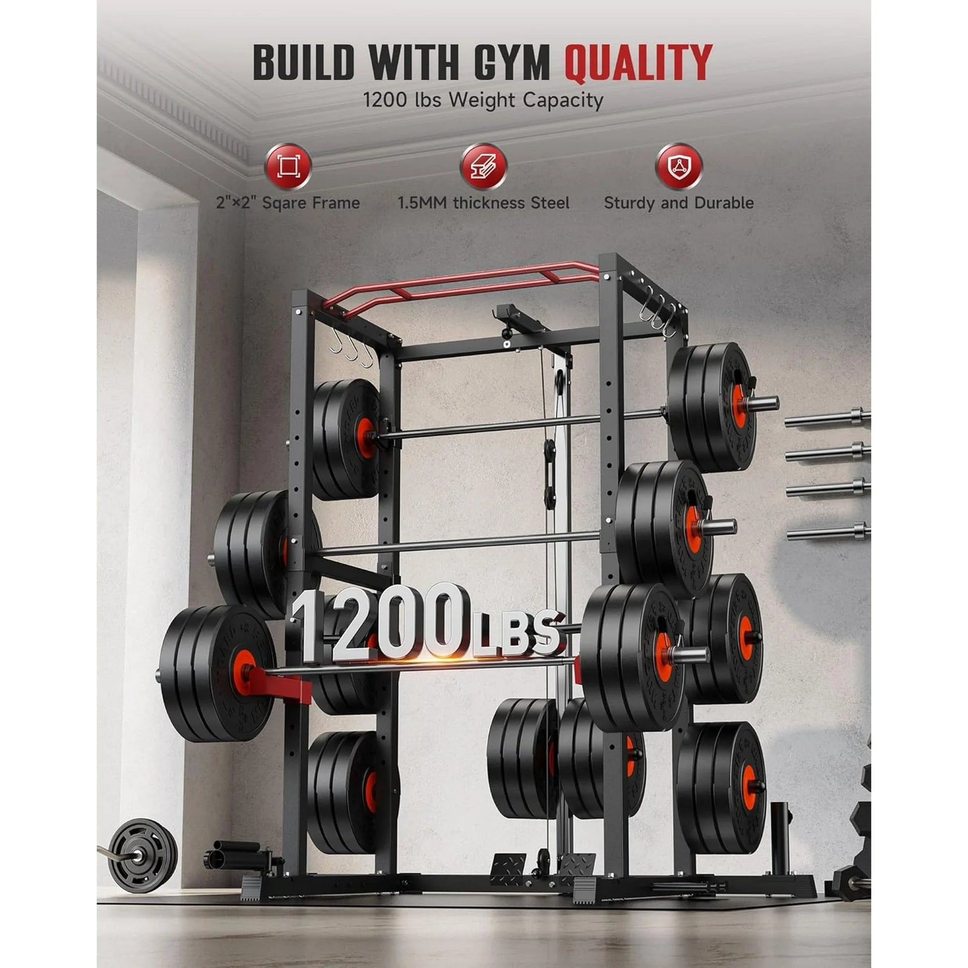 Power Cage,1200Lbs Multi-Function Power Rack with Lat Pulldown and Pulley System and More Training Attachment, Weight Cage for Home Gym