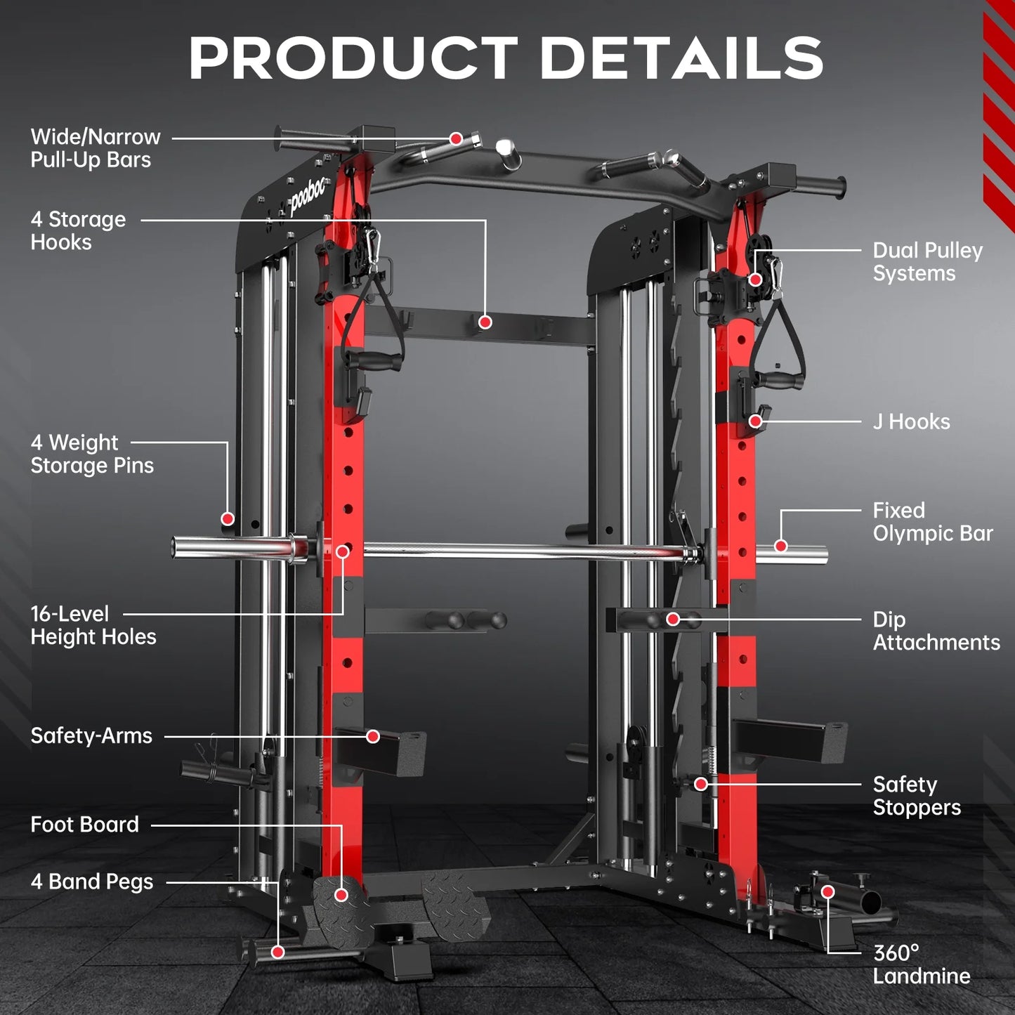 2000LB Smith Machine & Dual Pulley Home Gym - Squat Rack, Lat Pulldown, Cable Crossover - Includes Workout Attachments