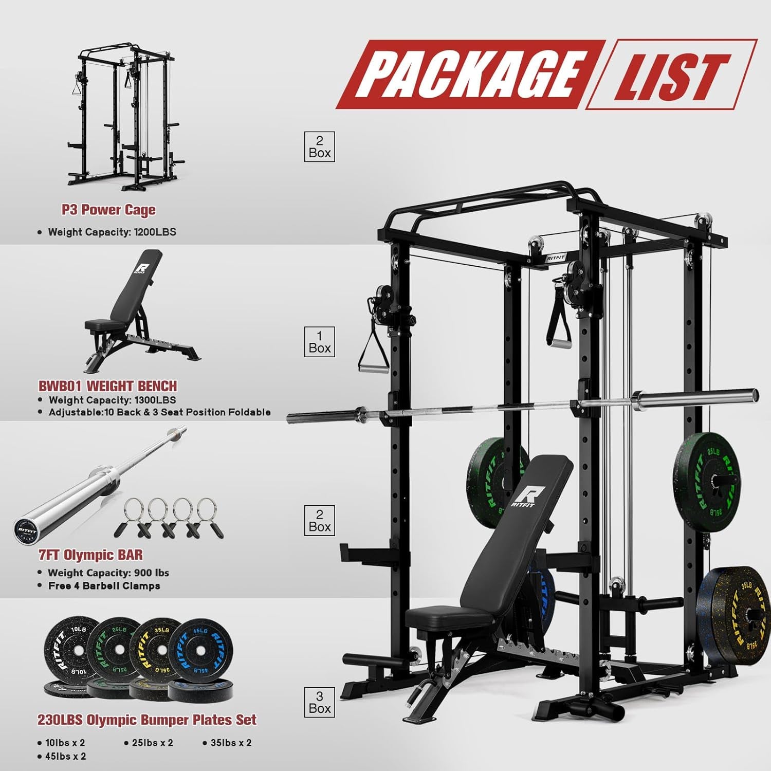 Multi-Function Garage & Home Gym Package Includes 1200LBS Power Cage PPC03/P3 with Cable Crossover System, Weight Bench, Olympic Barbell Weight Set, Full Body Workout