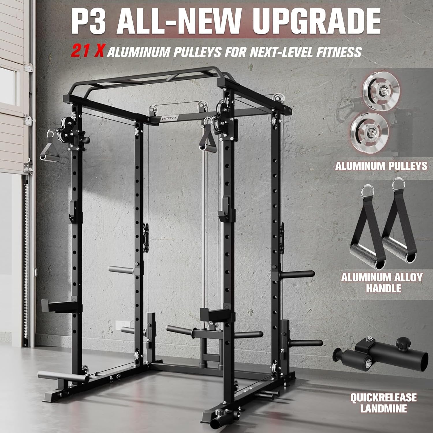 Multi-Function Garage & Home Gym Package Includes 1200LBS Power Cage PPC03/P3 with Cable Crossover System, Weight Bench, Olympic Barbell Weight Set, Full Body Workout