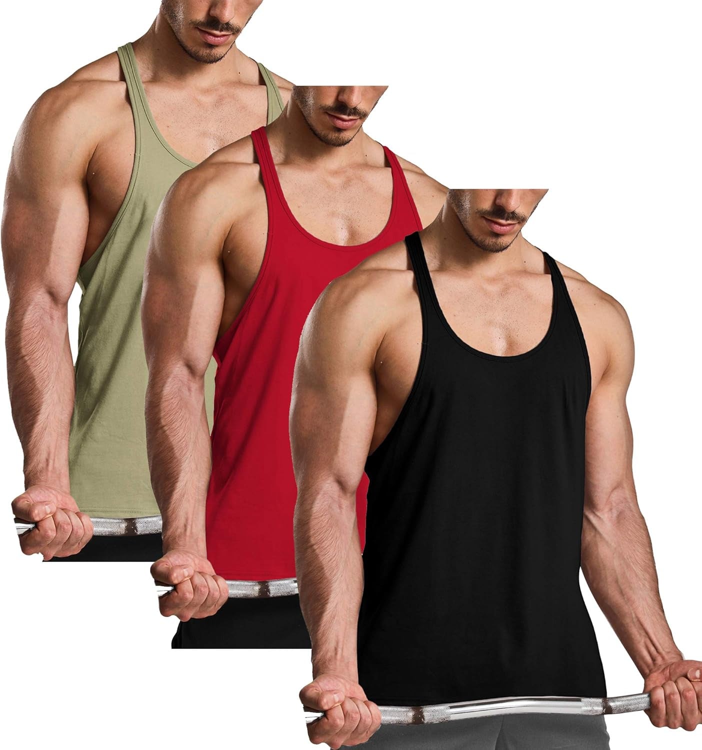 Men'S 3 Pack Athletic Stringer Gym Muscle Workout Racerback Fitness Tank Tops Black & Green & Red XL
