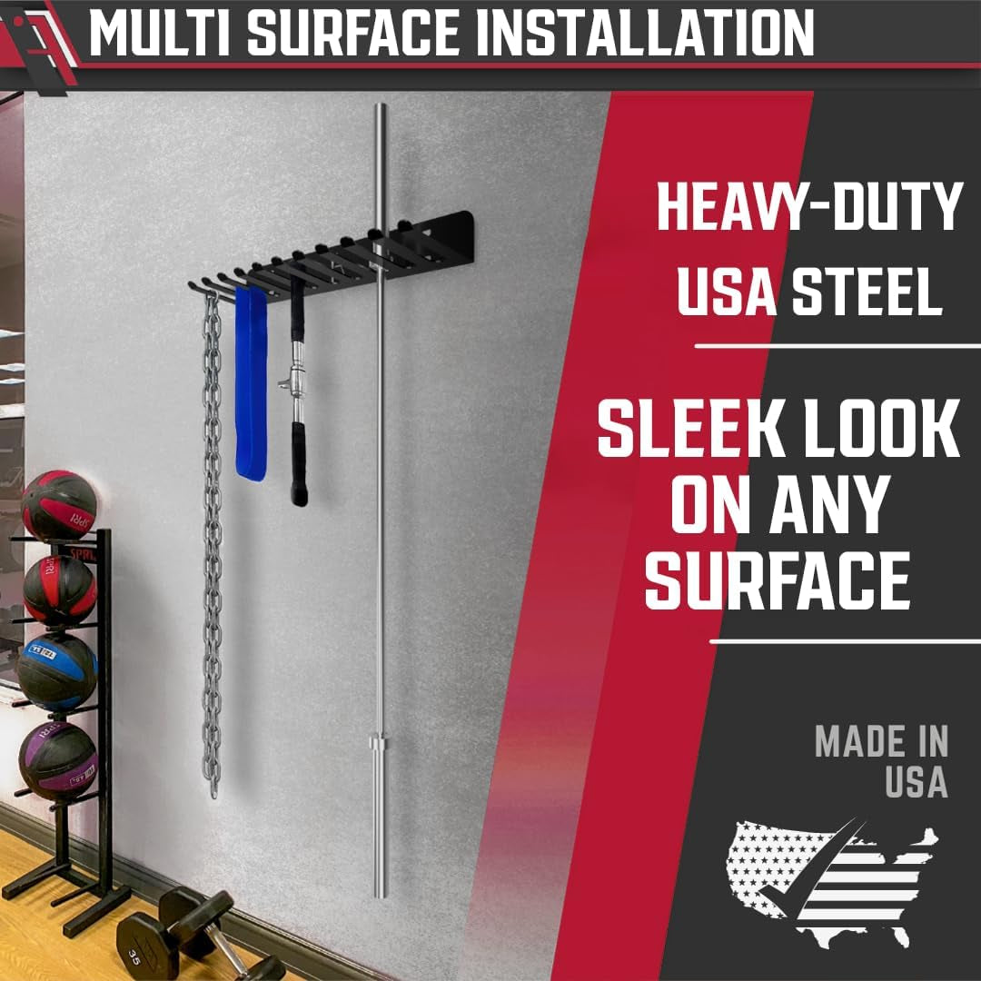 USA Omega Beast Gym Storage Rack 11-Hook Heavy-Duty Gym Wall Organizer Gym Caddy Hanger - Gym Accessory Storage - Resistance Bands, Jump Ropes, Barbells, Lifting Belts, Cable Attachments