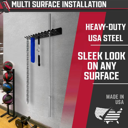 USA Omega Beast Gym Storage Rack 11-Hook Heavy-Duty Gym Wall Organizer Gym Caddy Hanger - Gym Accessory Storage - Resistance Bands, Jump Ropes, Barbells, Lifting Belts, Cable Attachments