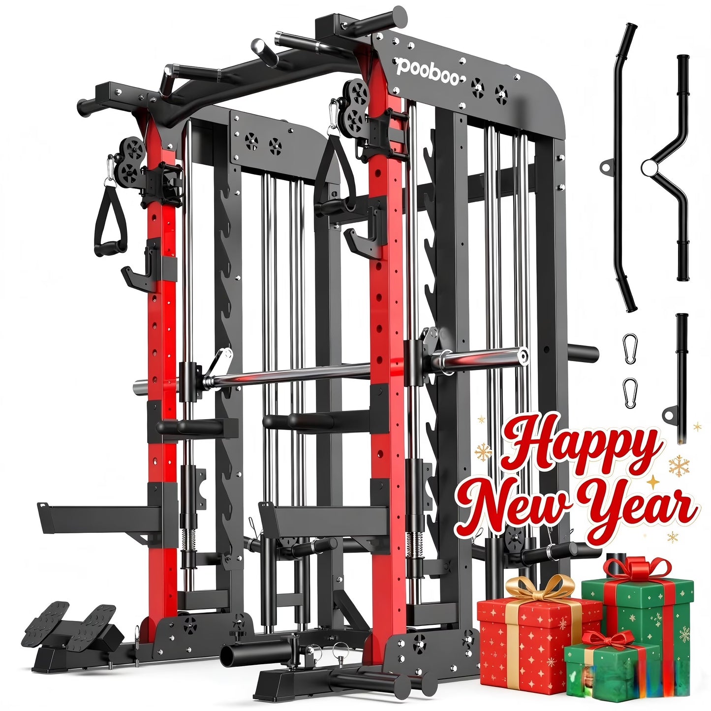 2000LB Smith Machine & Dual Pulley Home Gym - Squat Rack, Lat Pulldown, Cable Crossover - Includes Workout Attachments